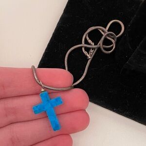 NSC STERLING SILVER Real Stone Blue Boho Southwestern Religious Cross Necklace